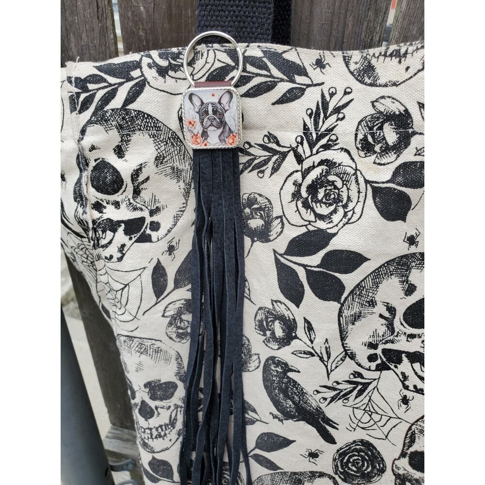 Handmade boho Boston terrier Leather Fringe Western bag charm, Long keychain